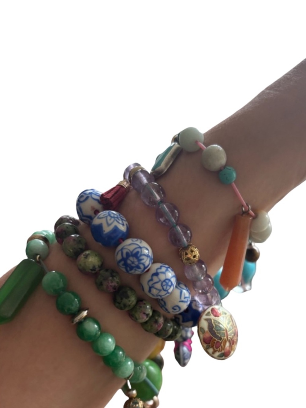 🍒NEW Crystal Healing Handmade "Tis" Bracelet with Vintage Cloisonné Butterfly